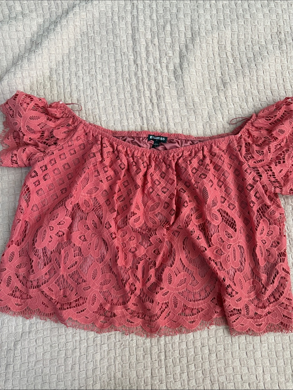 Express Coral Lace Off-Shoulder Crop Top
